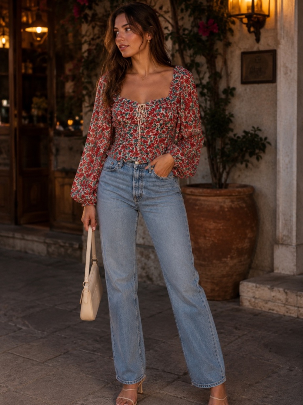 Free People Mabel Smocked Peasant Blouse Floral Sheer Combo
